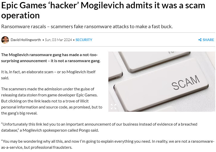 入侵Epic的駭客組織稱只是一場騙局：犯罪天才而已