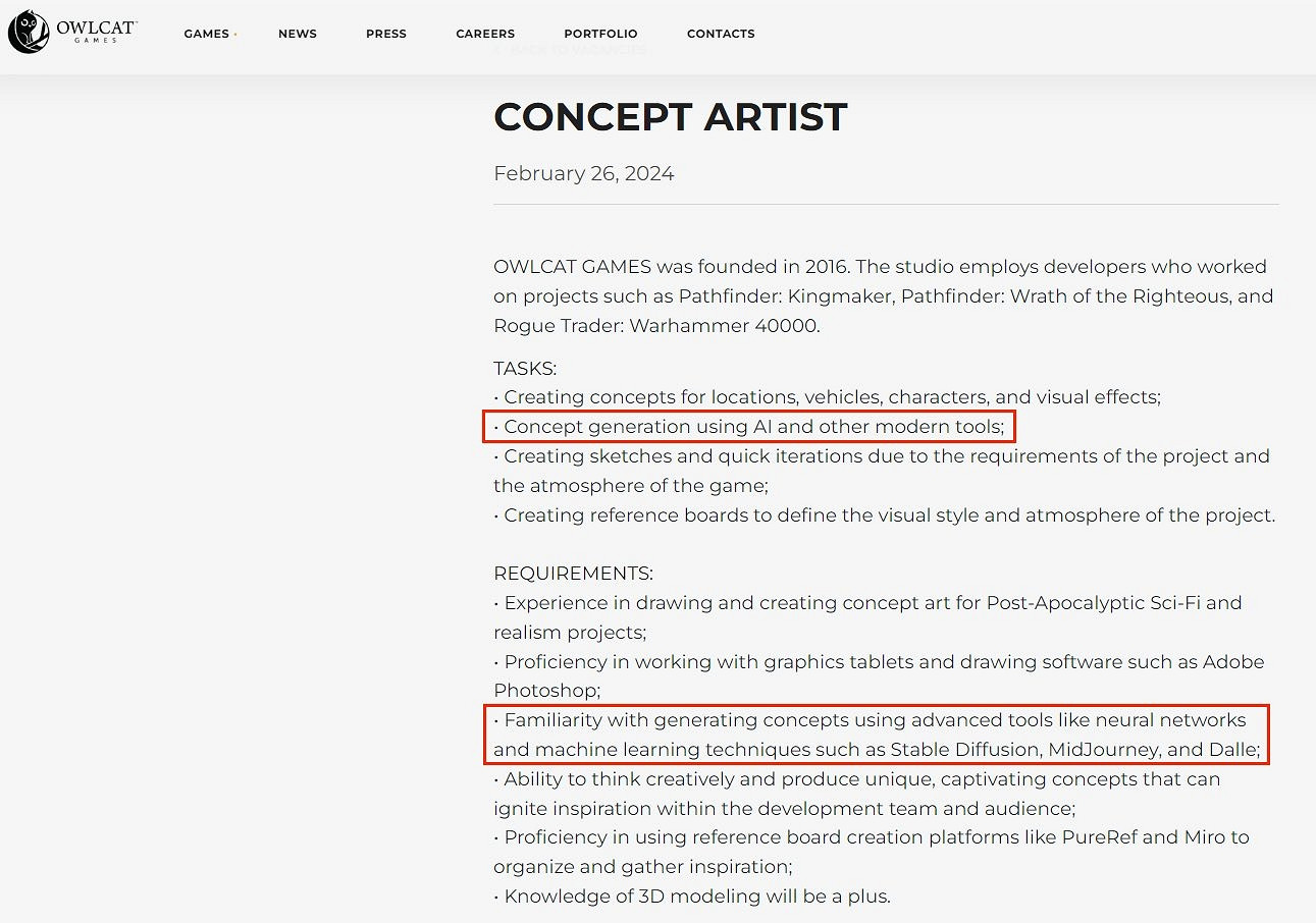 《正義之怒》開發商Owlcat將用AI進行概念開發遭抵制