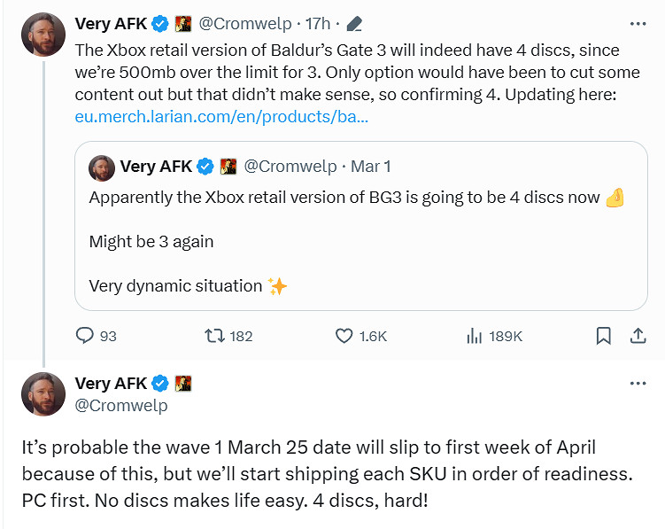 拉瑞安發行總監確認《柏德之門3》Xbox實體版含4張光碟