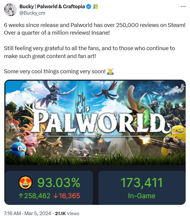 《幻獸帕魯》Steam好評數超過25萬！社區經理發文致謝