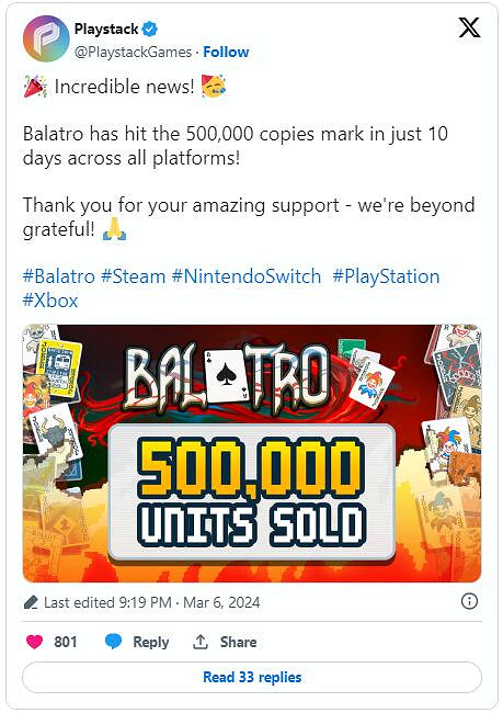 2024年黑馬遊戲《Balatro(小醜牌)》10天狂賣50萬套! 2024年黑馬遊戲《Balatro(小醜牌)》10天狂賣50萬套!