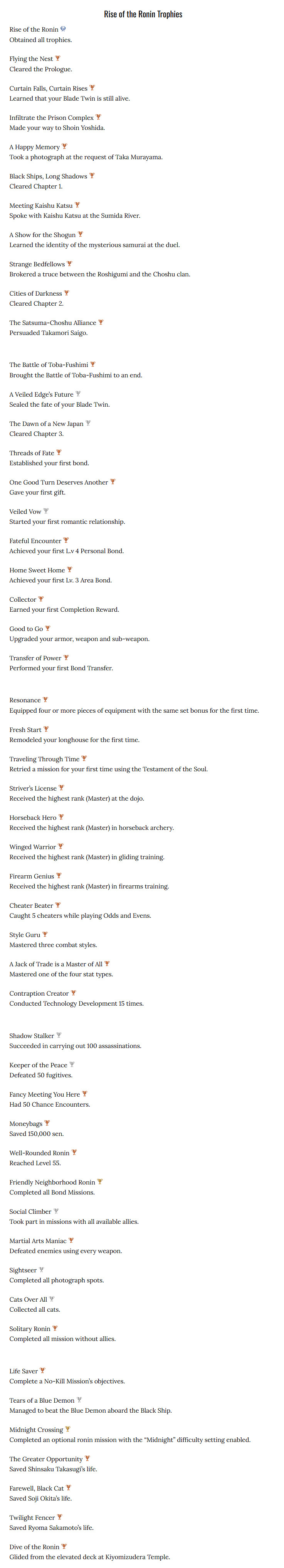 《浪人崛起》獎杯列表公開:2金9銀1白金 共51個獎杯! 《浪人崛起》獎杯列表公開:2金9銀1白金 共51個獎杯!