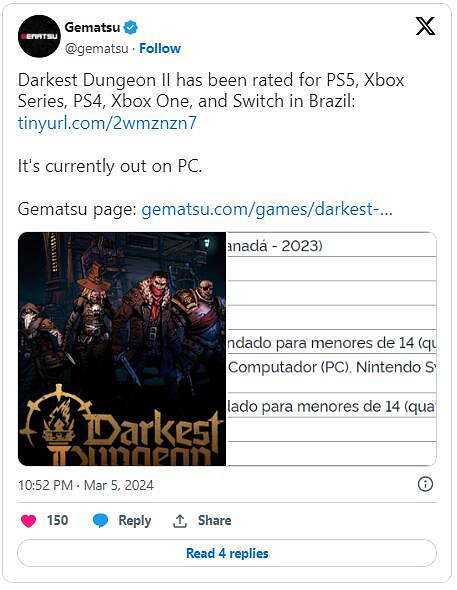 《暗黑地牢2》巴西評級曝光 暗示即將登陸各大主機平台