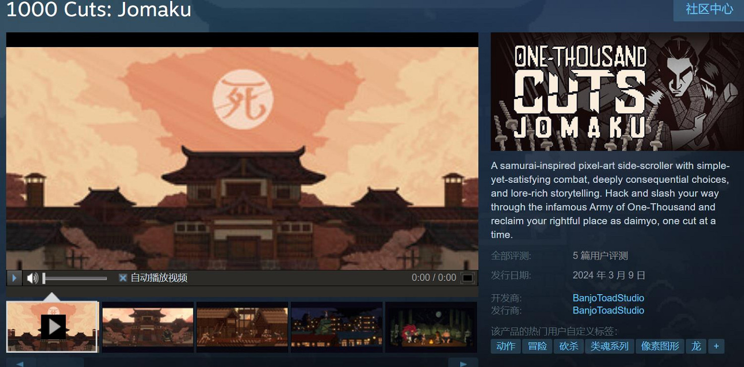 橫版動作千人斬遊戲《1000 Cuts》序章Steam免費上線