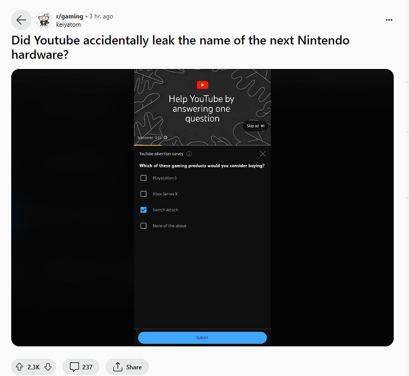任天堂新機名為Switch Attach？ YouTube 問卷出現該名稱！