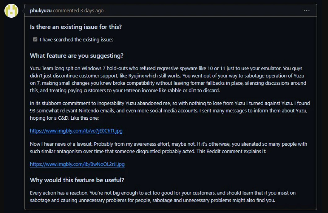 因Yuzu不再支援Win7！他給任天堂發了93封告密郵件！