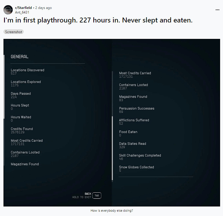 《星空》玩家不讓角色吃東西、睡覺 已堅持227小時