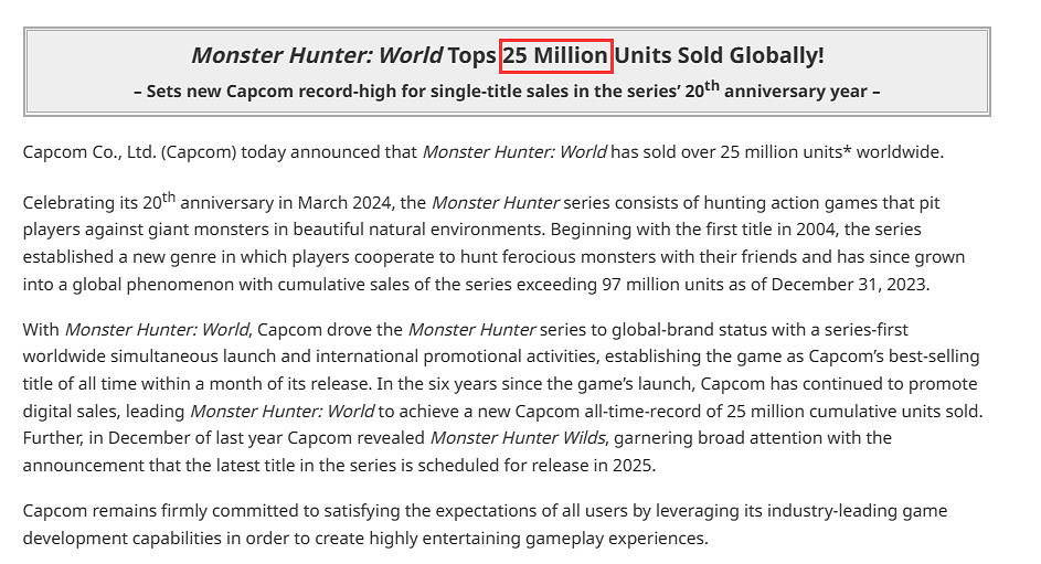 卡普空宣布《魔物獵人世界》全球累計銷量突破2500萬! 卡普空宣布《魔物獵人世界》全球累計銷量突破2500萬!