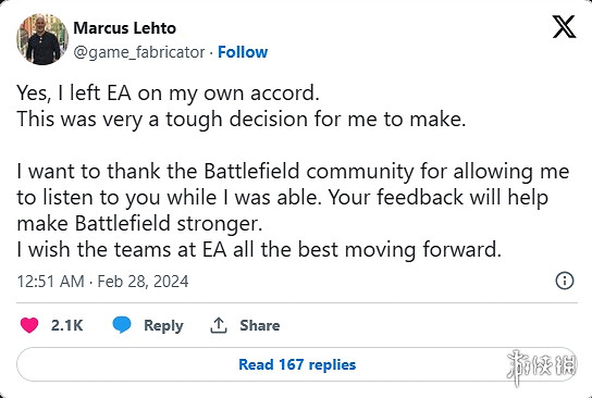 《戰地》遊戲創意總監Craig Morrison於2月從EA離職 《戰地》遊戲創意總監Craig Morrison於2月從EA離職