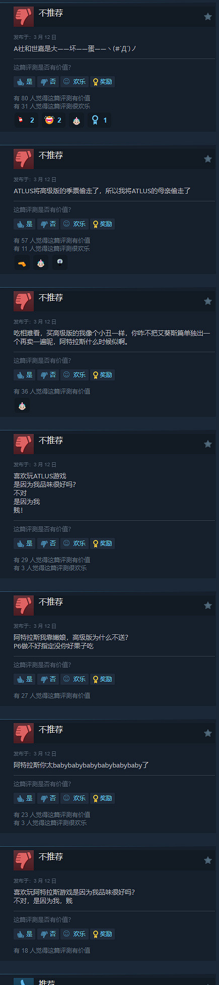 《女神異聞錄3R》擴展通行證Steam已“多半差評”