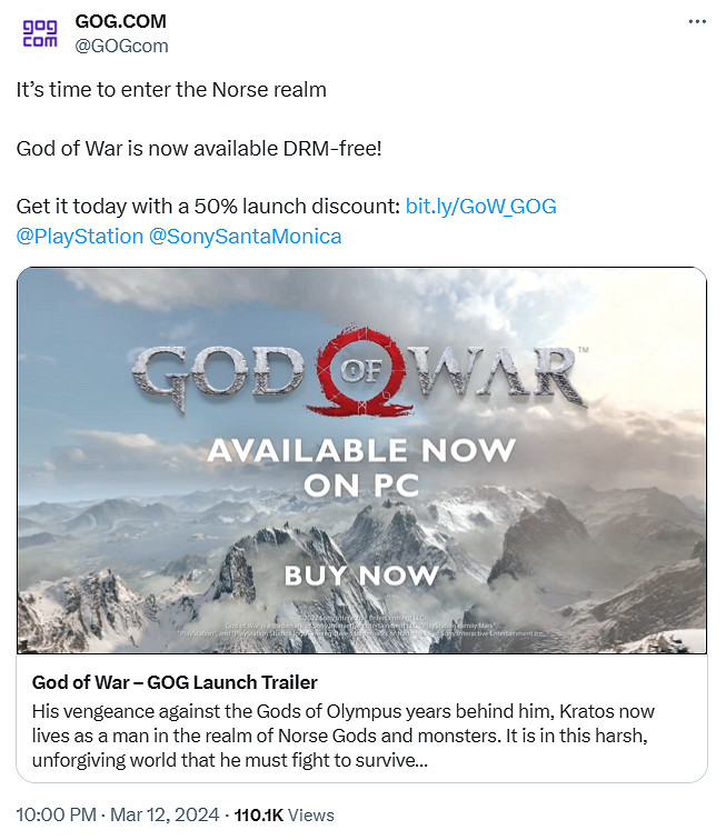 《戰神4》移除DRM加密正式登陸GOG平台！半價促銷中