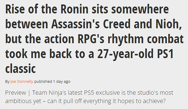 外媒稱《浪人崛起》的風格介於刺客教條、仁王之間！