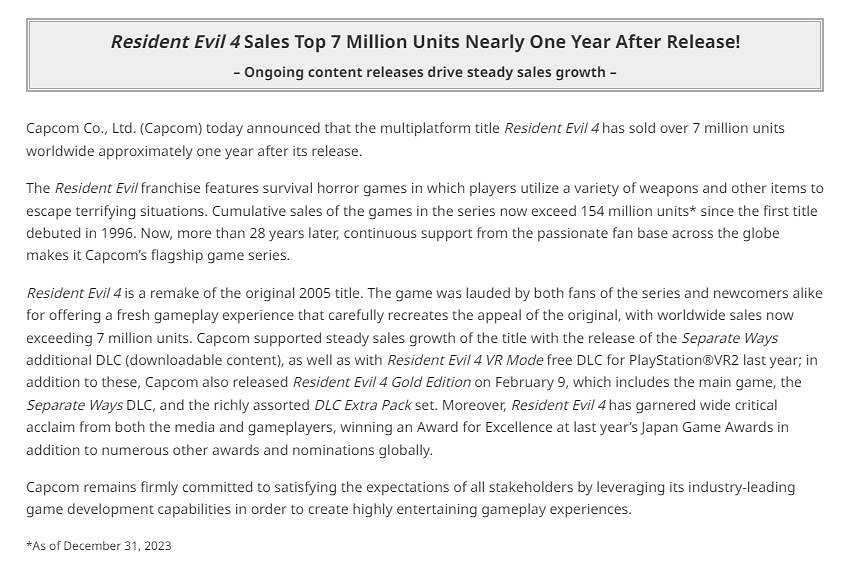 《惡靈古堡4:重製版》發售一周年:銷量突破700萬! 《惡靈古堡4:重製版》發售一周年:銷量突破700萬!