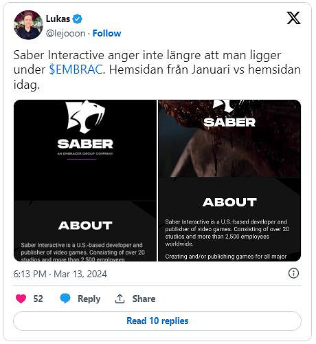 Saber Interactive官網抹去Embracer相關內容:將來有可能獨立
