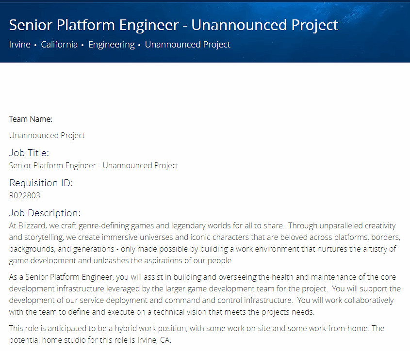 暴雪為未公布的“大型遊戲”招募開發人員  新大作的開端? 暴雪為未公布的“大型遊戲”招募開發人員  新大作的開端?