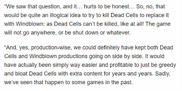 《死亡細胞》開發商回答停更原因:不是為了給新作讓道