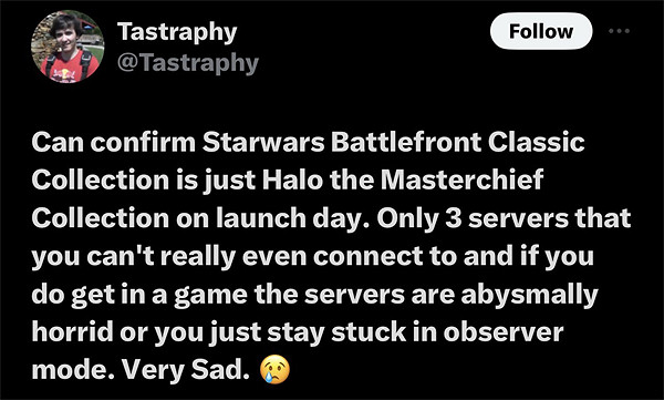 《星戰:前線合集》Steam差評如潮 :伺服器嚴重不足 《星戰:前線合集》Steam差評如潮 :伺服器嚴重不足