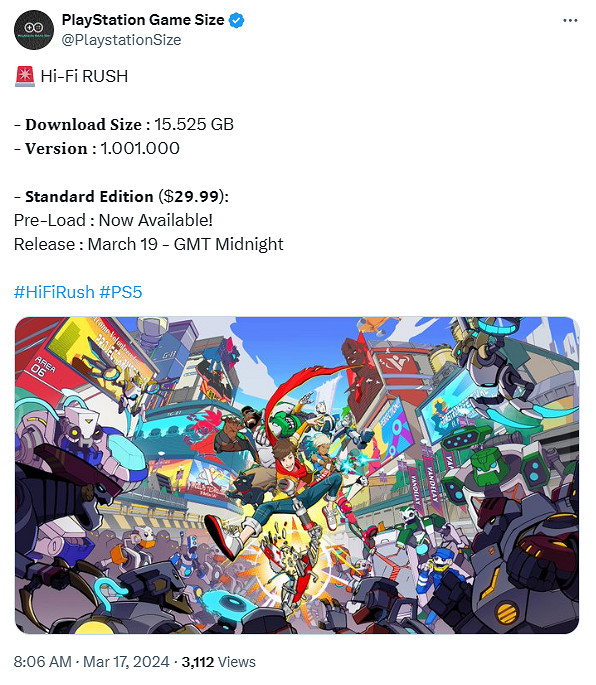 《Hi-Fi Rush》PS5版容量約為15.5GB!預載已開啟 《Hi-Fi Rush》PS5版容量約為15.5GB!預載已開啟