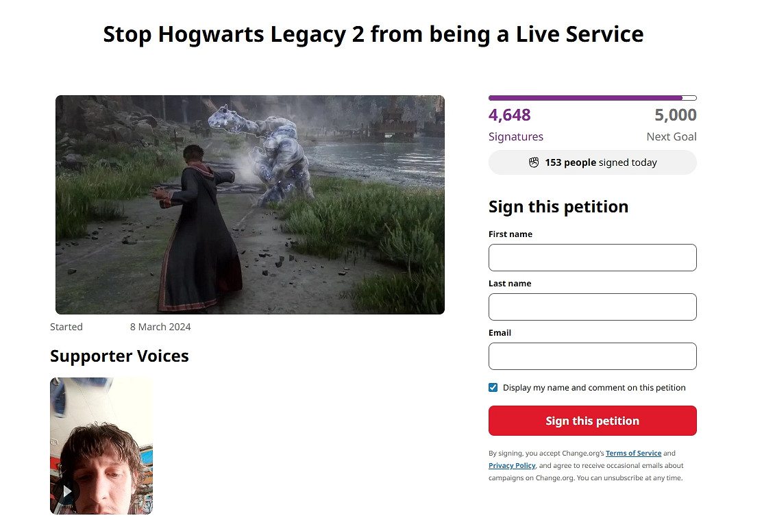 《霍格華茲的傳承》請求放棄線上服務請願書有近5千簽名