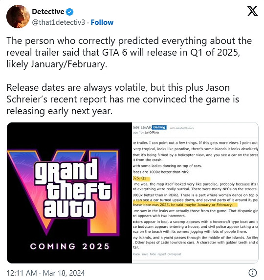 業內人士表示《GTA 6》將於2025年1月或2月份發售