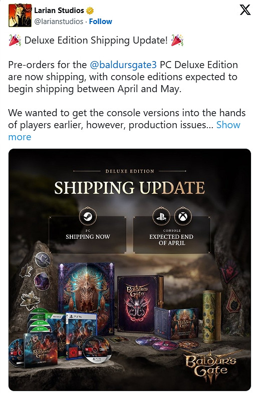 《柏德之門3》主機實體豪華版因生產問題將推遲發貨 《柏德之門3》主機實體豪華版因生產問題將推遲發貨