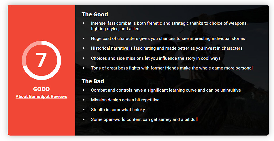 《浪人崛起》全球媒體評分解禁！M站均分75 IGN 7分