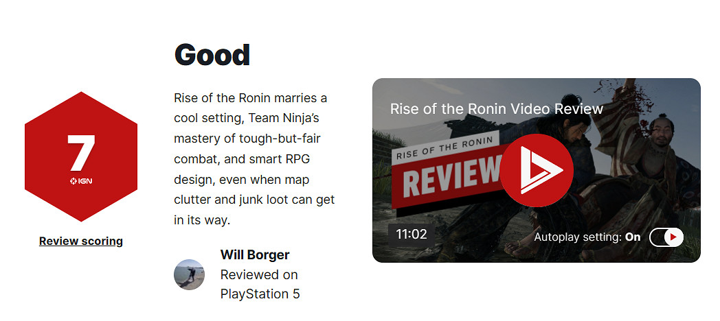 《浪人崛起》全球媒體評分解禁！M站均分75 IGN 7分