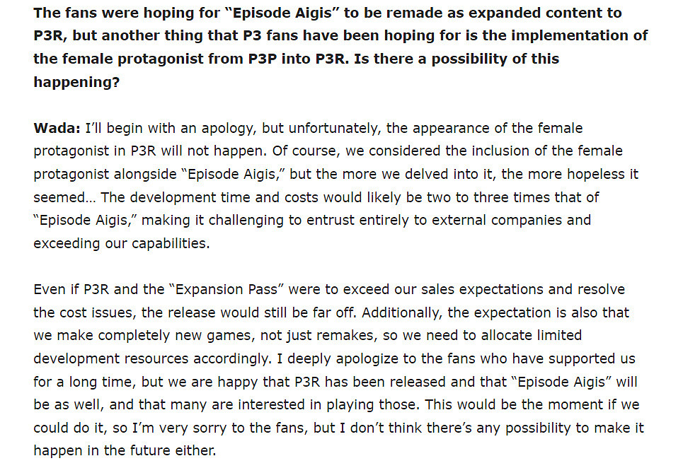 《女神異聞錄3 Reload》製作人再次因缺失女主而道歉 《女神異聞錄3 Reload》製作人再次因缺失女主而道歉