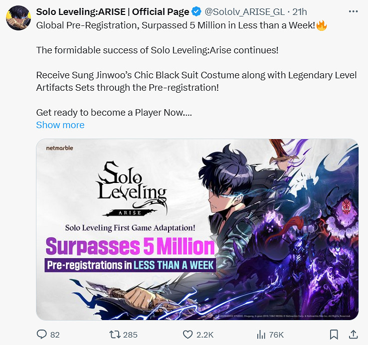 太火爆了！漫改遊戲《我獨自升級》預註冊突破500萬人！