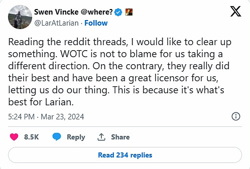 拉裡安CEO否認離開《柏德之門3》是因與威世智衝突