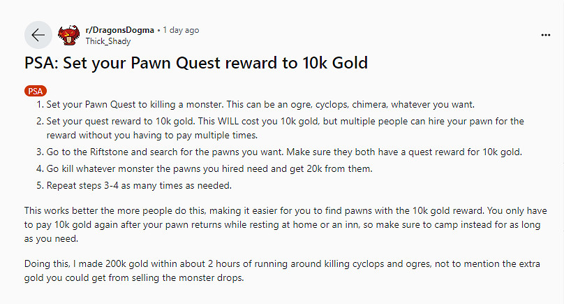 《龍之信條2》玩家分享追隨者任務刷錢方法 2小時20w