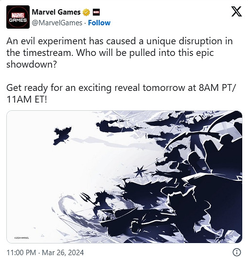 漫威遊戲官推暗示今晚11點將公布一個重磅產品