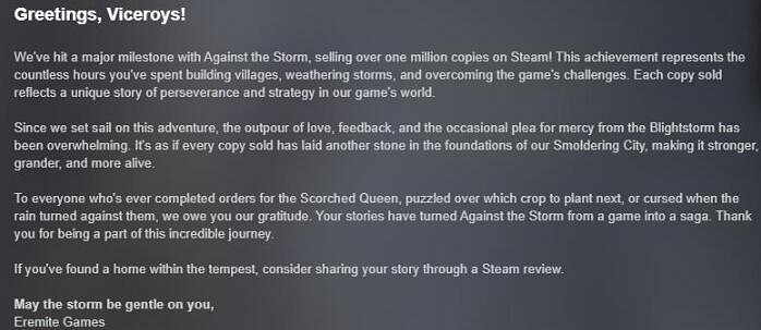 《風暴之城》好評如潮 Steam的銷量已經突破100萬份