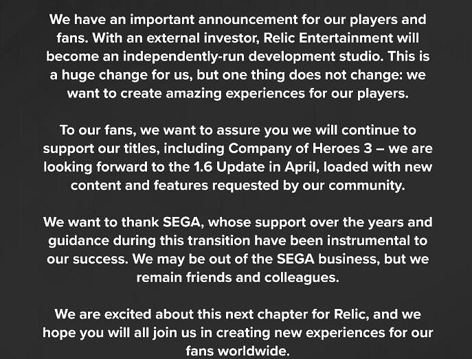 Relic Entertainment被世嘉出售 Relic表示不忘初衷 Relic Entertainment被世嘉出售 Relic表示不忘初衷