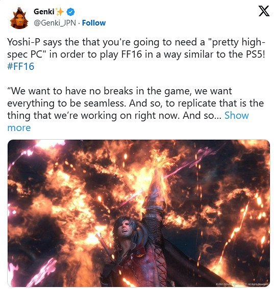 《最終幻想16》製作人稱遊戲流暢運行需要一台高階PC 《最終幻想16》製作人稱遊戲流暢運行需要一台高階PC